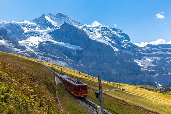 Train of Jungfraubahn running towards Jungfraujoch