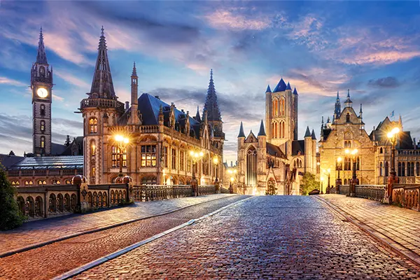 Belgium historic city Ghent at sunset