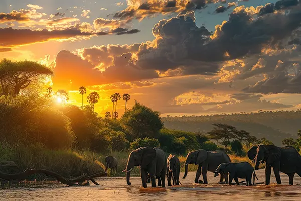 Elephants in the african savanna with sunset